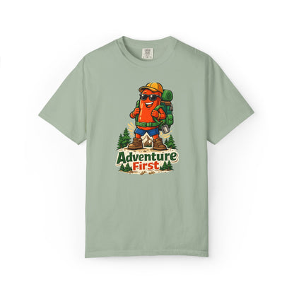 Adventure First Graphic Tee — Hiking Backpacker Badge Shirt
