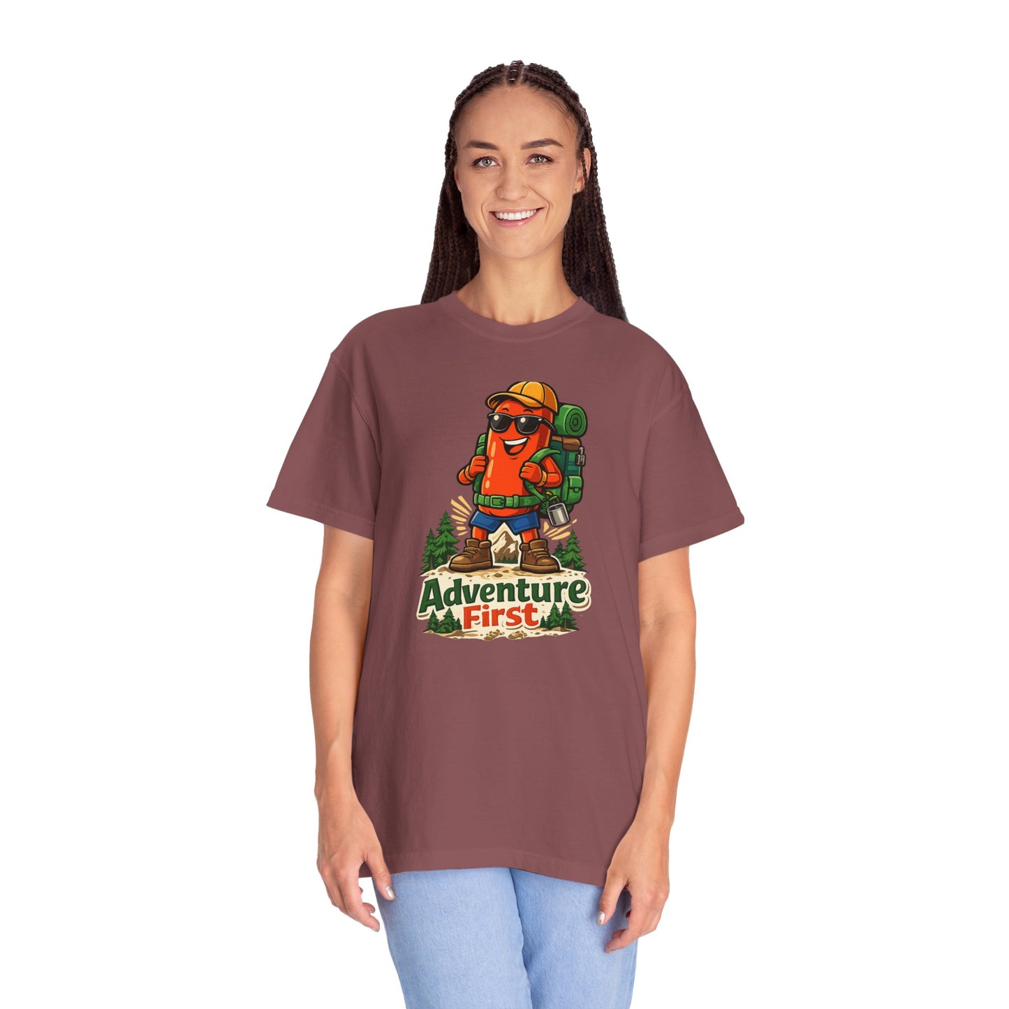 Adventure First Graphic Tee — Hiking Backpacker Badge Shirt
