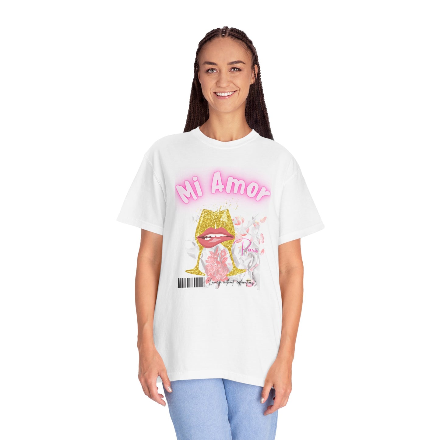 Mi Amor Graphic T-Shirt — Romantic Pink Floral Lips Design