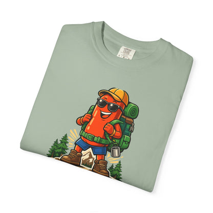 Adventure First Graphic Tee — Hiking Backpacker Badge Shirt