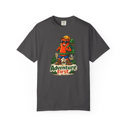Adventure First Graphic Tee — Hiking Backpacker Badge Shirt