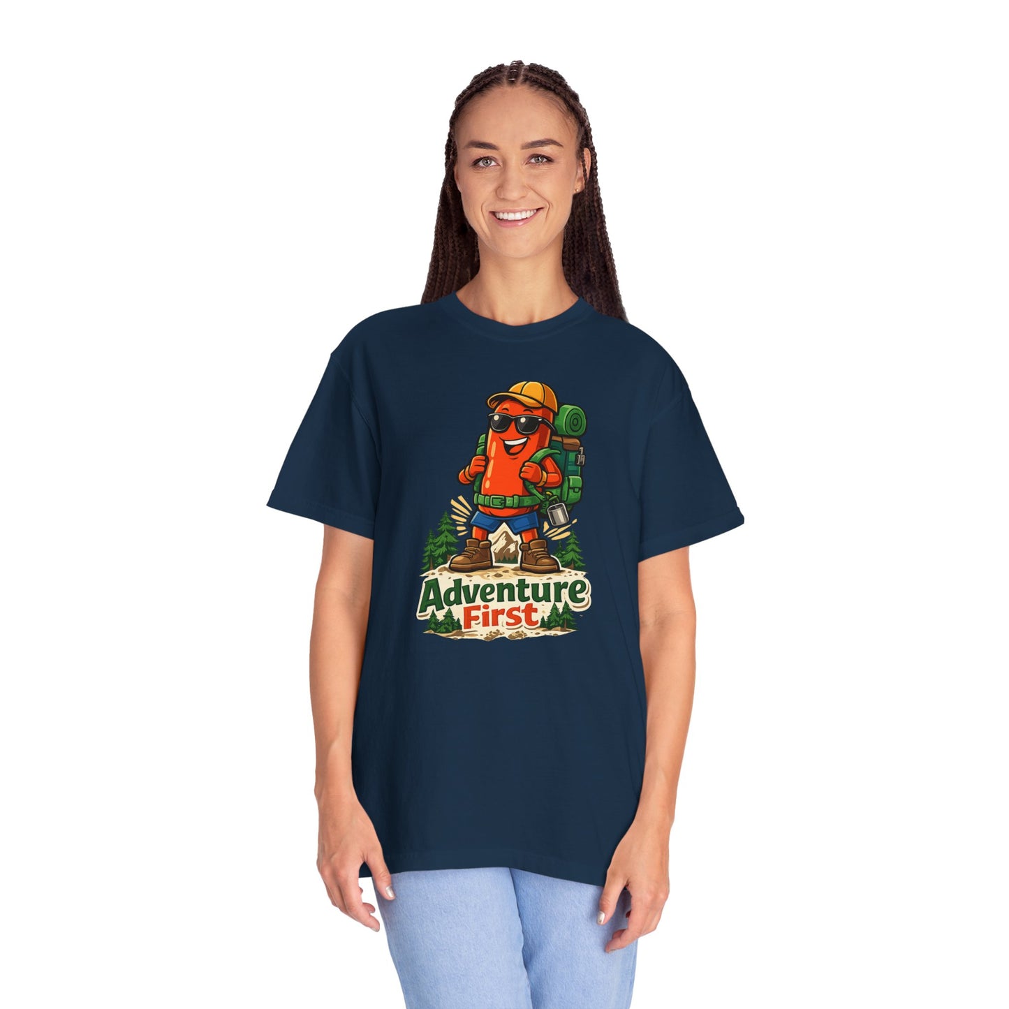 Adventure First Graphic Tee — Hiking Backpacker Badge Shirt