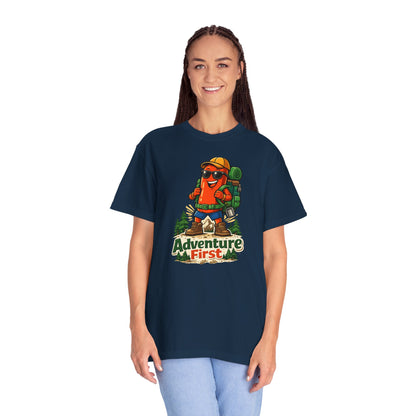 Adventure First Graphic Tee — Hiking Backpacker Badge Shirt