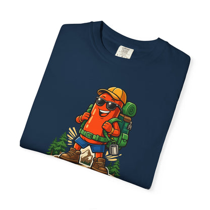 Adventure First Graphic Tee — Hiking Backpacker Badge Shirt