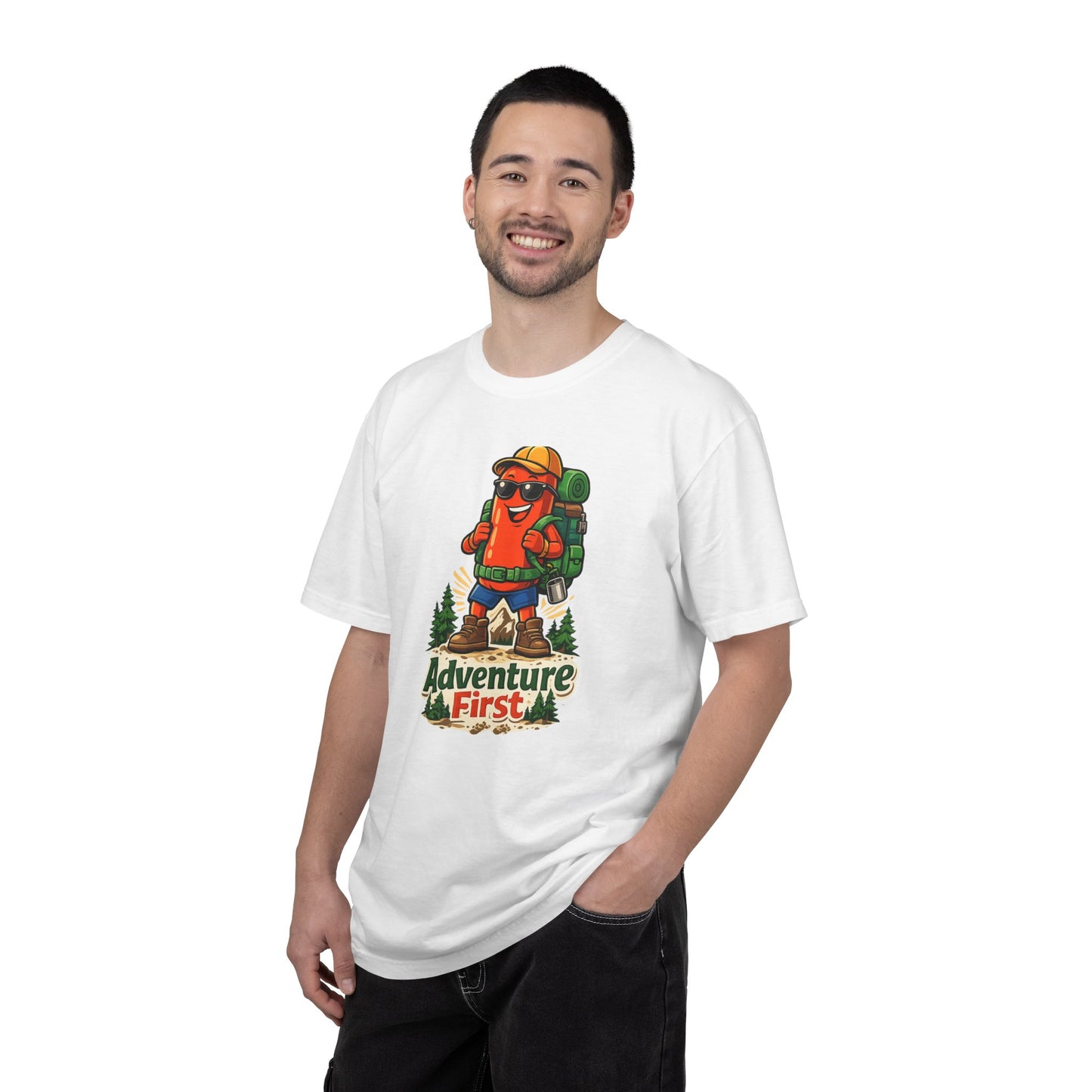 Adventure First Graphic Tee — Hiking Backpacker Badge Shirt
