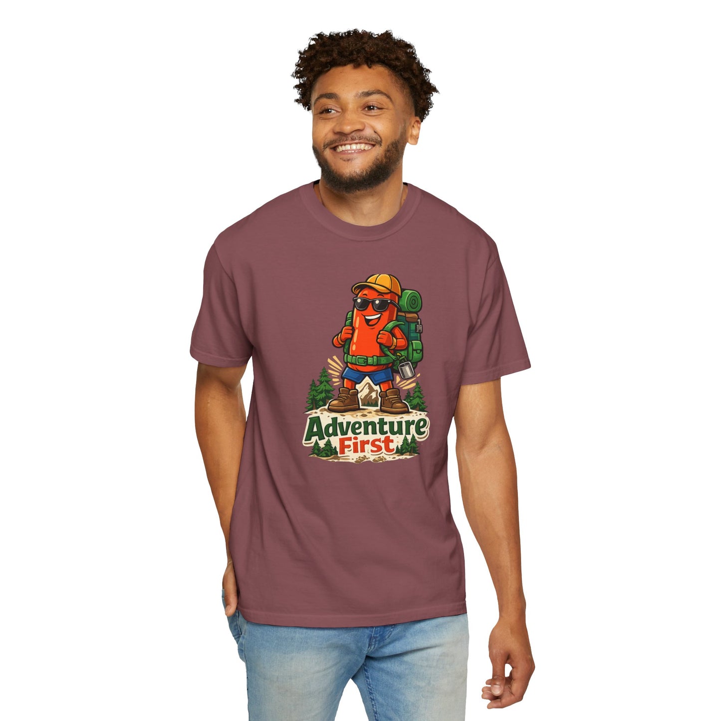 Adventure First Graphic Tee — Hiking Backpacker Badge Shirt