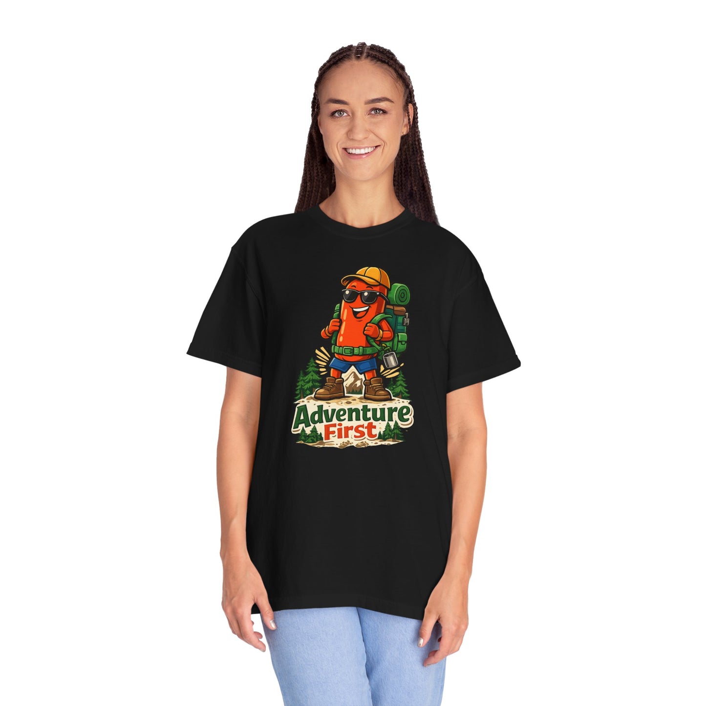 Adventure First Graphic Tee — Hiking Backpacker Badge Shirt