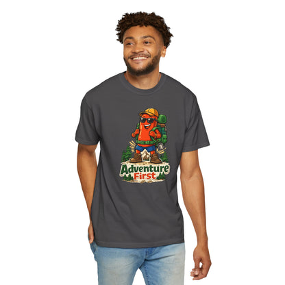 Adventure First Graphic Tee — Hiking Backpacker Badge Shirt