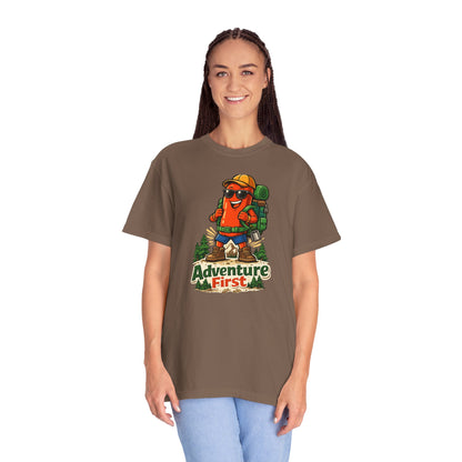 Adventure First Graphic Tee — Hiking Backpacker Badge Shirt