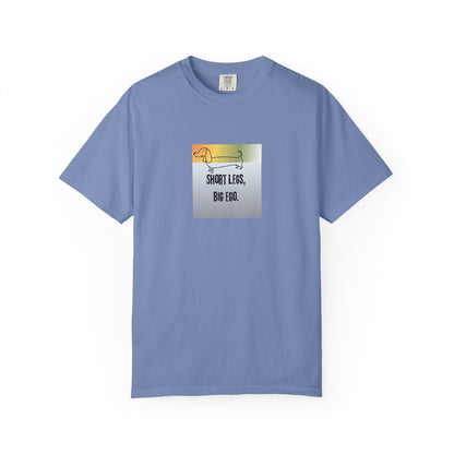 Blue  t-shirt with a short legs and big ego