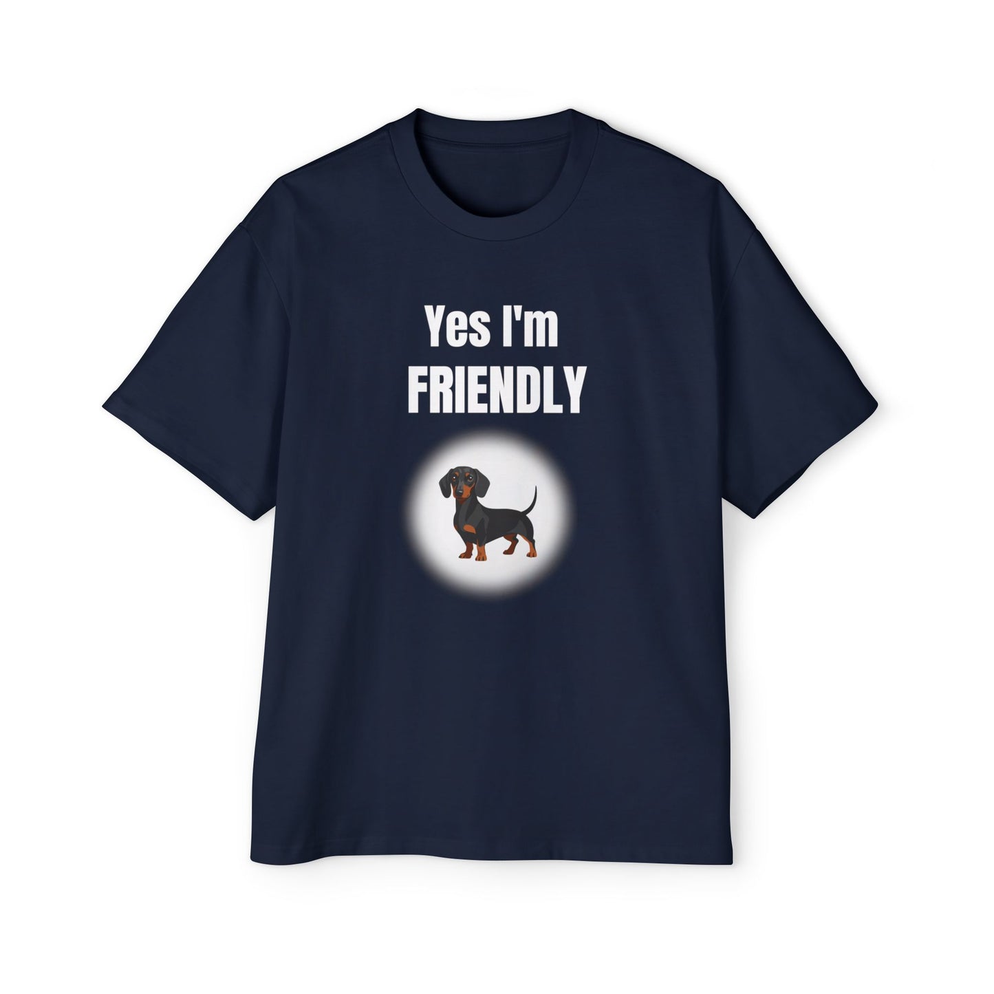 Dachshund Mini Graphic - Yes I'm friendly  Navy blue T-shirt