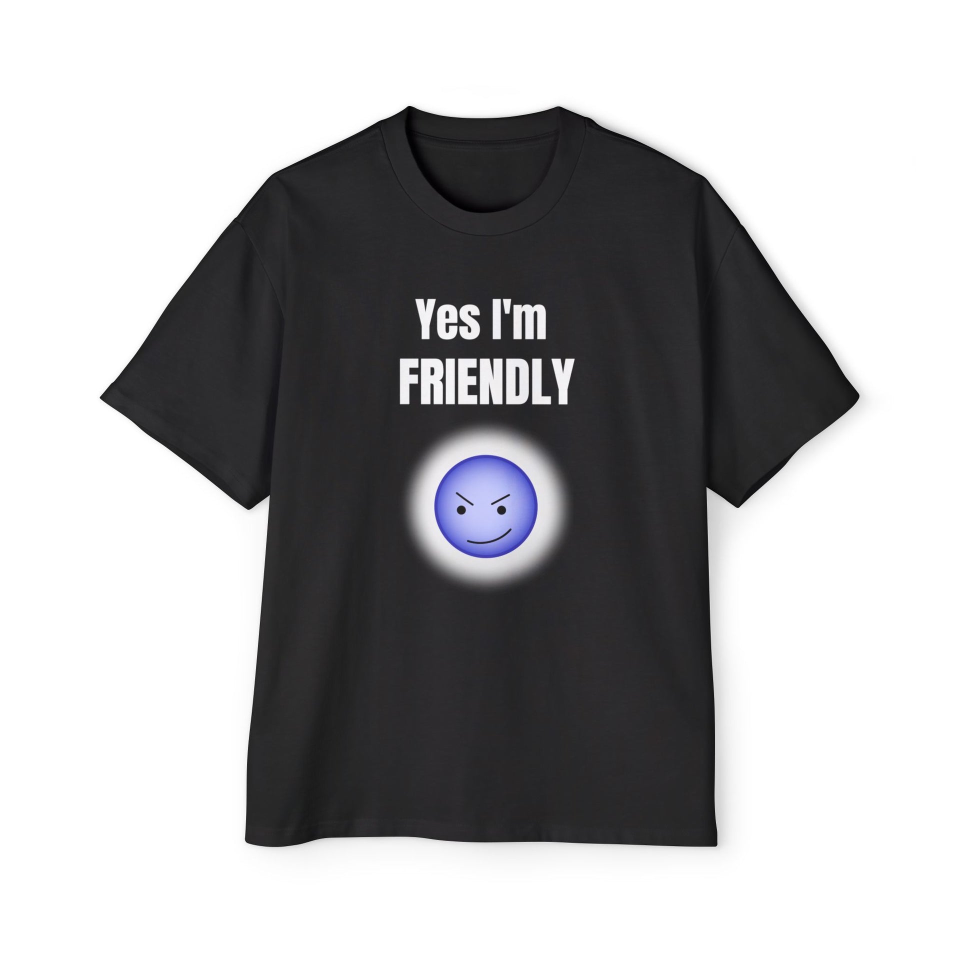 Funny 'Yes I'm Friendly' Tee with Winking Angry Emoji black T-shirt