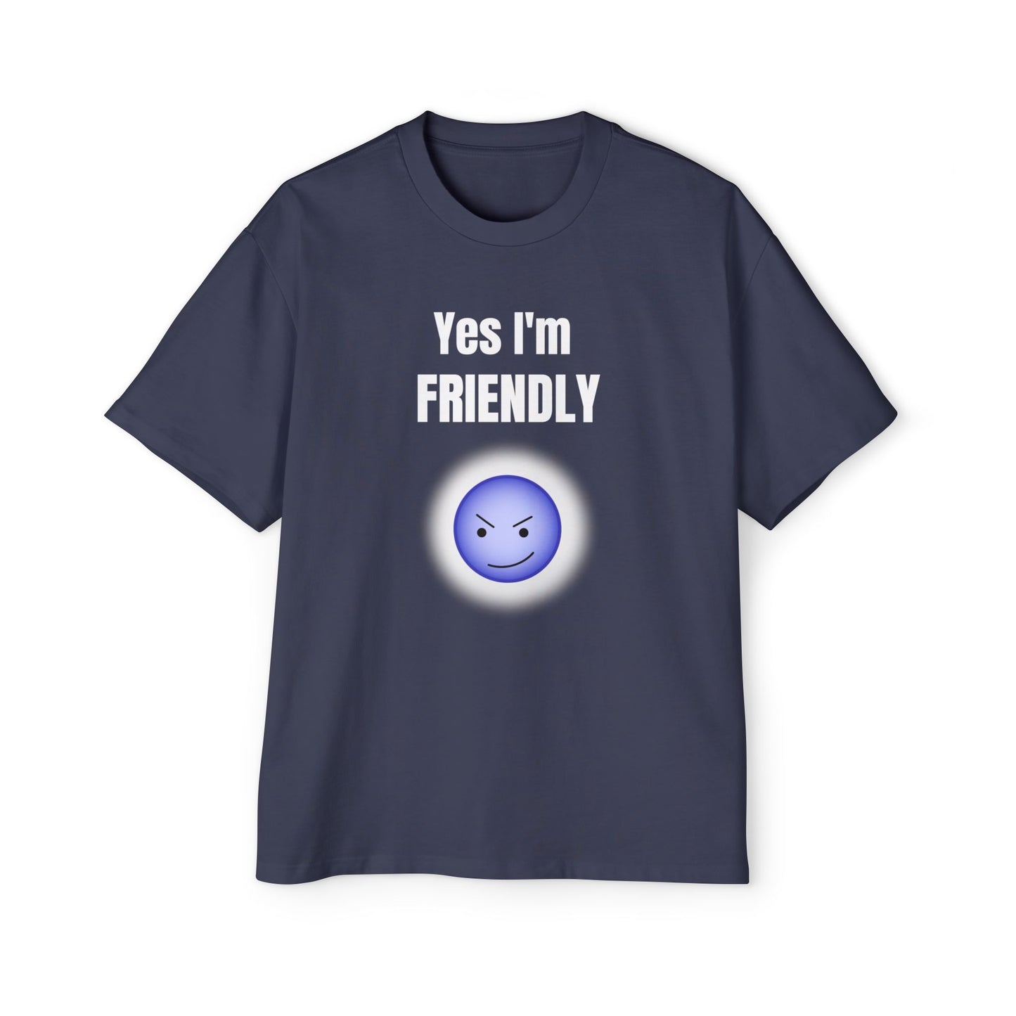 Funny 'Yes I'm Friendly' Tee with Winking Angry Emoji blue jean T-shirt