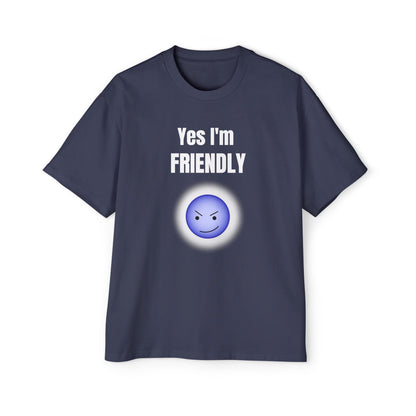 Funny 'Yes I'm Friendly' Tee with Winking Angry Emoji blue jean T-shirt