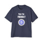 Funny 'Yes I'm Friendly' Tee with Winking Angry Emoji blue jean T-shirt