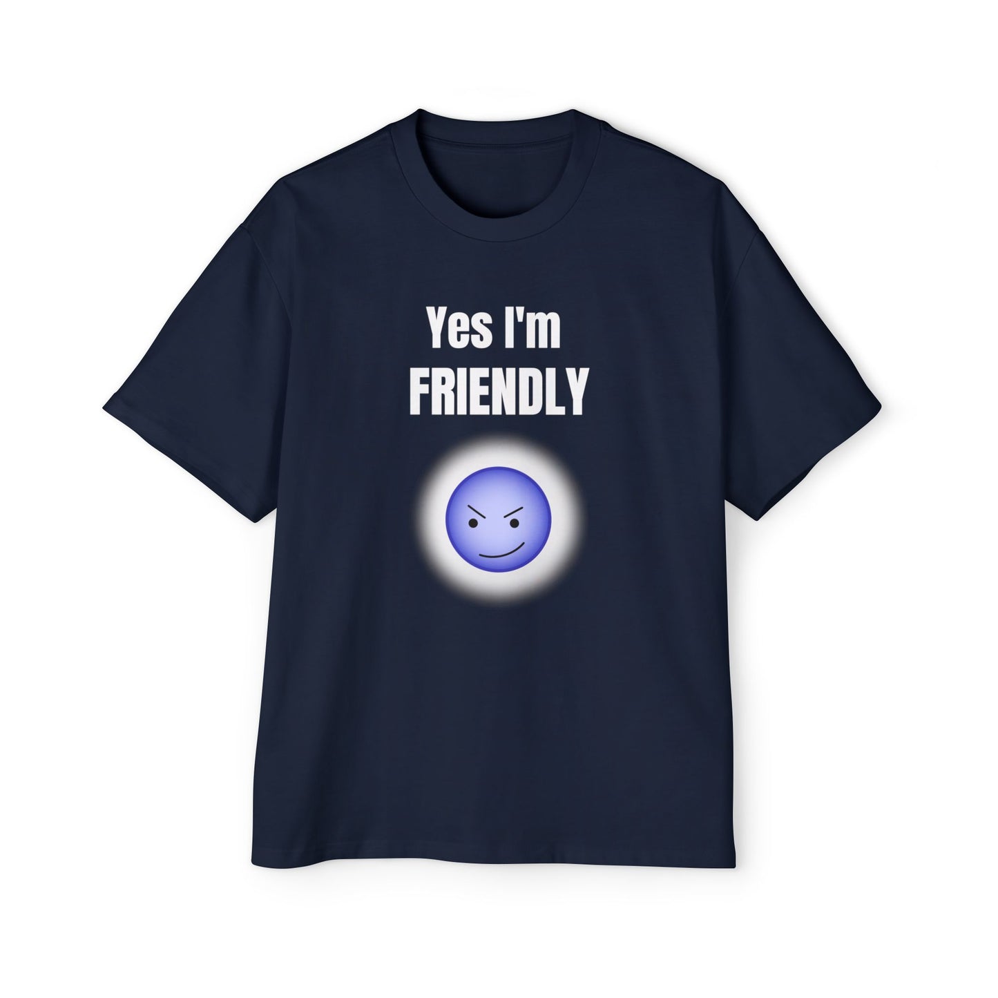 Funny 'Yes I'm Friendly' Tee with Winking Angry Emoji navy blue T-shirt