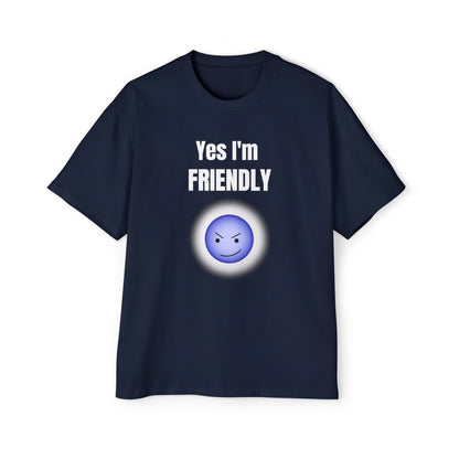 Funny 'Yes I'm Friendly' Tee with Winking Angry Emoji navy blue T-shirt