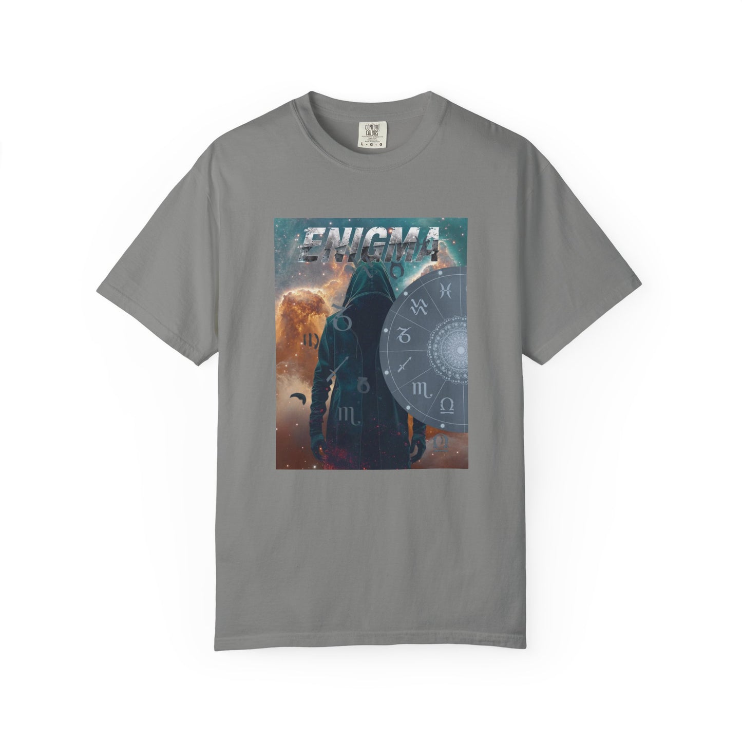  Graphite Enigma Astral T-Shirt — Zodiac Wheel & Cosmic Raven Graphic Tee