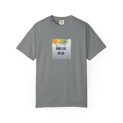 Grey  t-shirt short legs, big ego dachshund