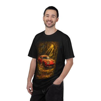 Men Vintage Red Sports Car in Forest Black T‑Shirts