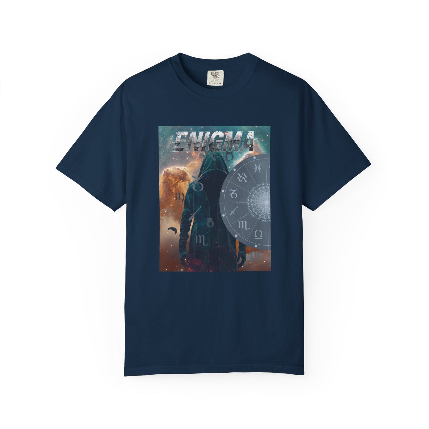 Navy blue  Enigma Astral T-Shirt — Zodiac Wheel & Cosmic Raven Graphic Tee