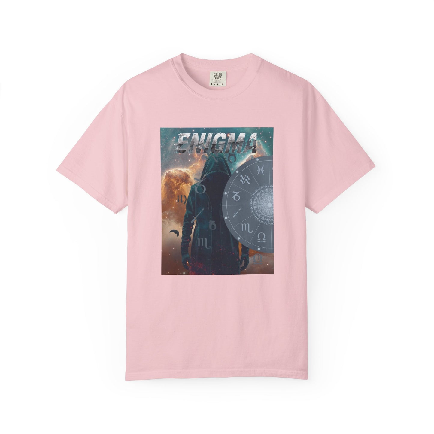 Pink Enigma Astral T-Shirt — Zodiac Wheel & Cosmic Raven Graphic Tee