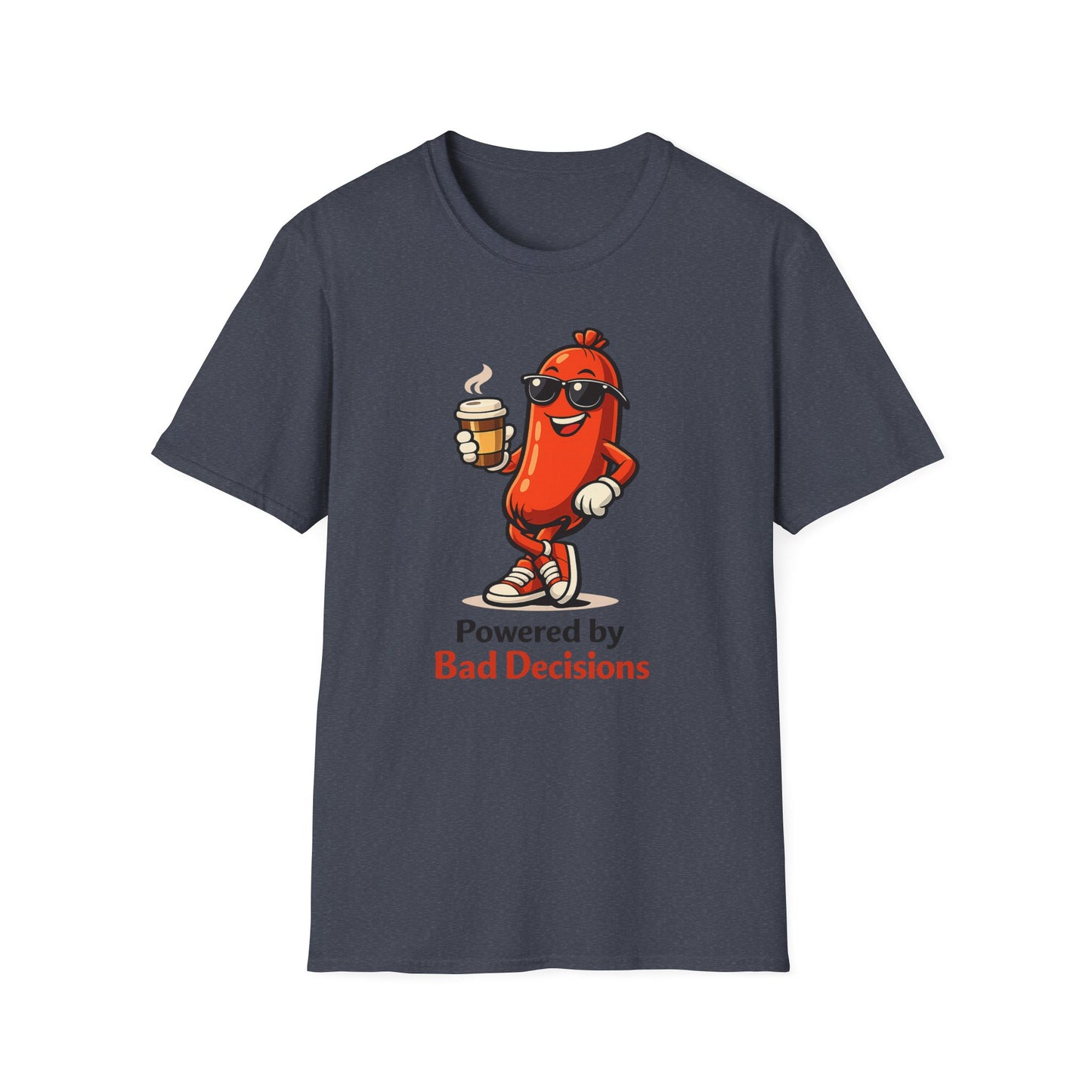 Powered by Bad Decisions Funny Dark Heather T-Shirt