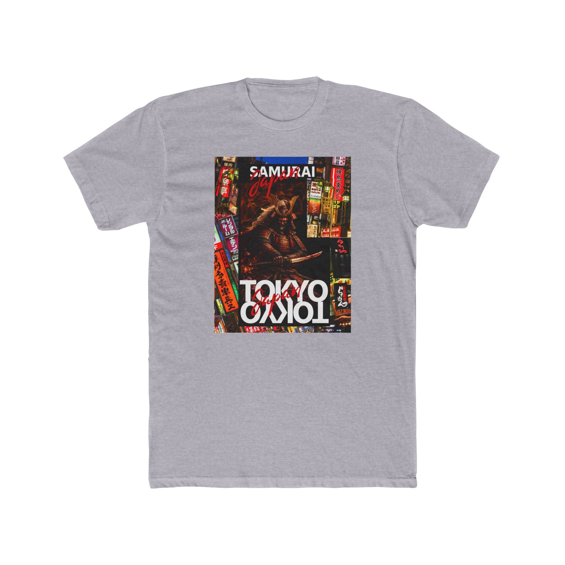 Tokyo Samurai Graphic Tee — Neon Night street Print Grey T-shirt