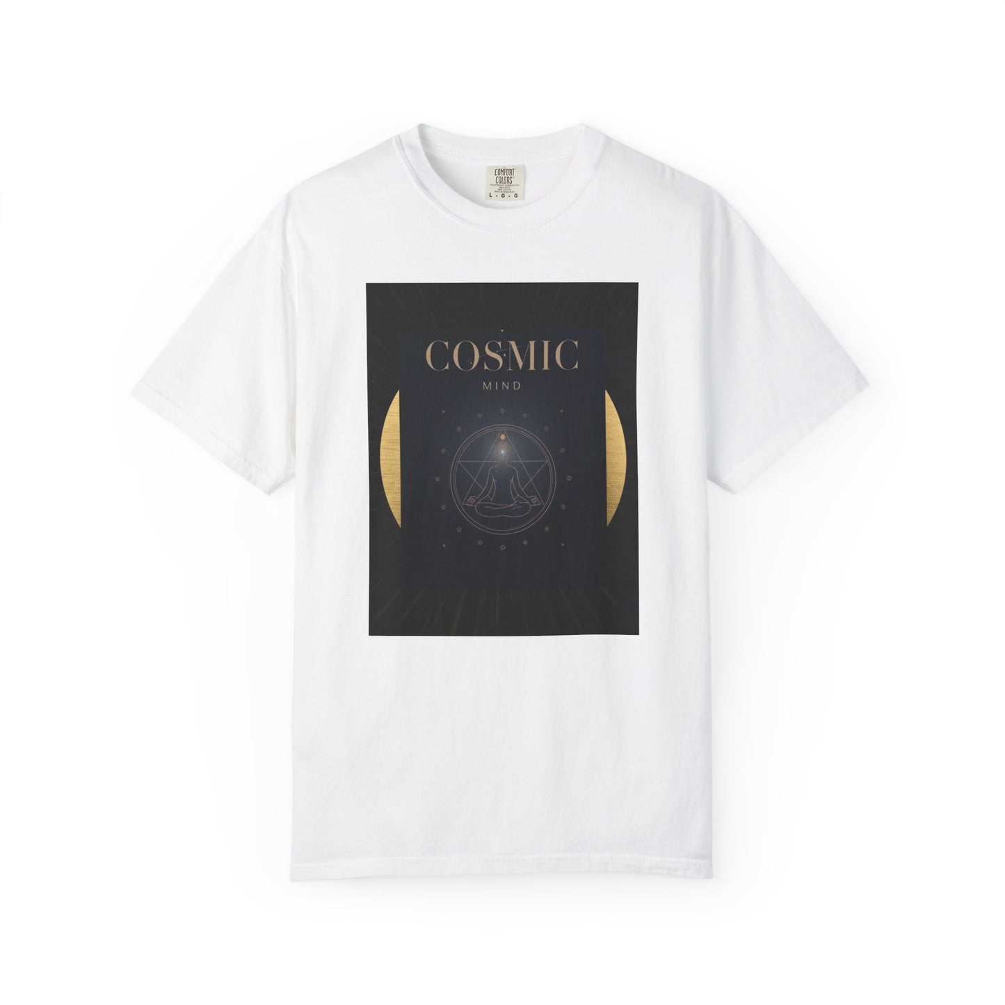 white Cosmic Moon Phase T-Shirt — "COSMIC" Gold Celestial Graphic Tee