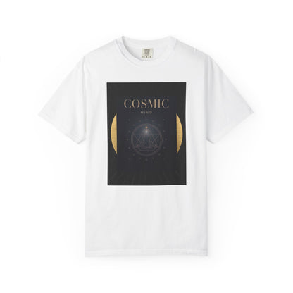 white Cosmic Moon Phase T-Shirt — "COSMIC" Gold Celestial Graphic Tee